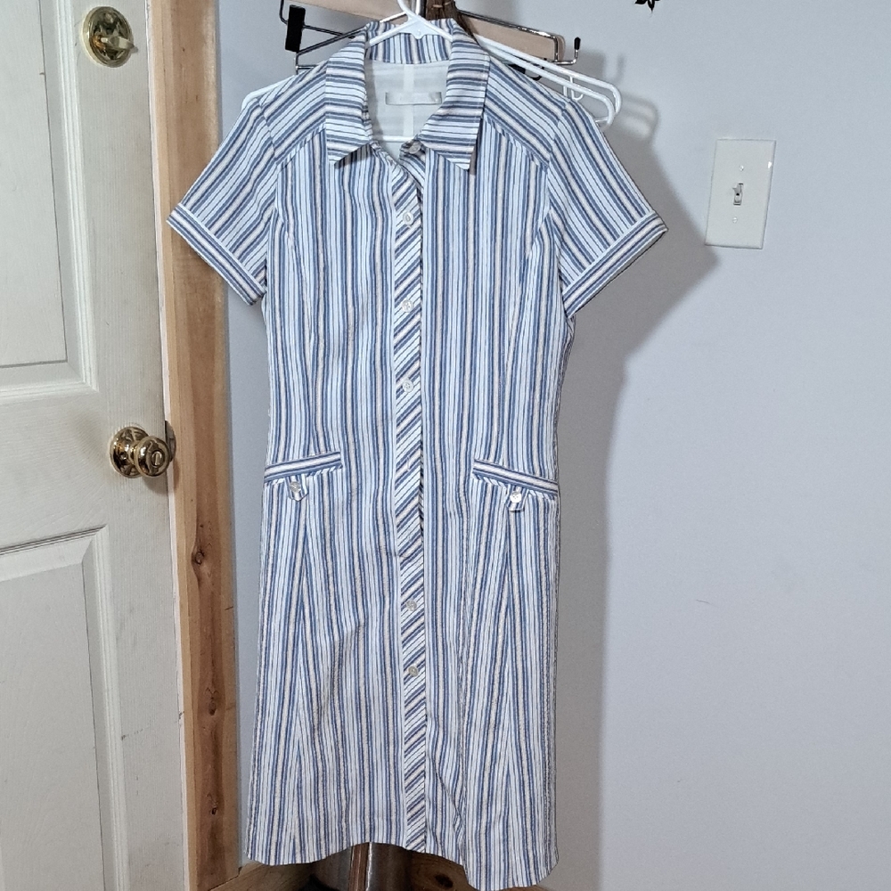 Elegant Striped Blue and White Midi Dress ( Belt Missing)